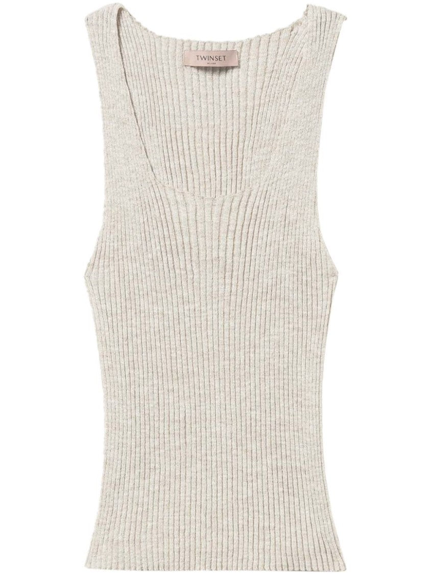 Twin-Set Fitted Linen Top With Ribbed Texture