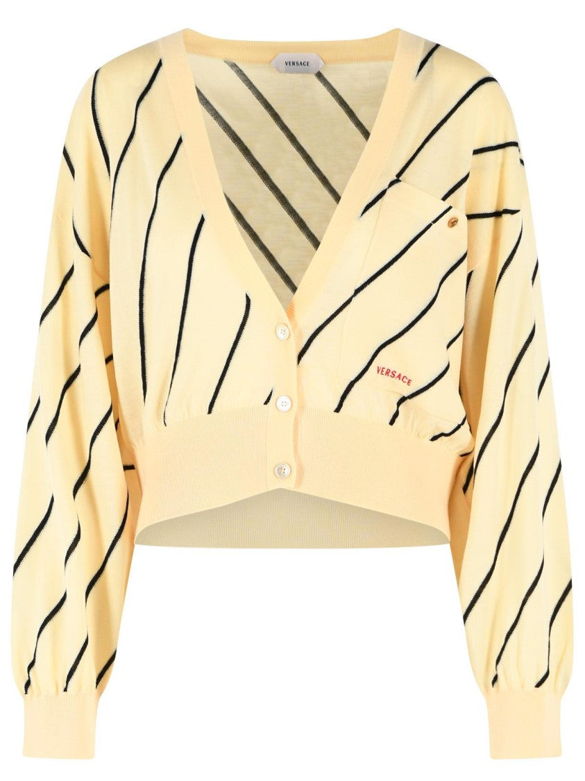 Versace Cropped Cream Wool Cardigan With Contrast Striped Pattern