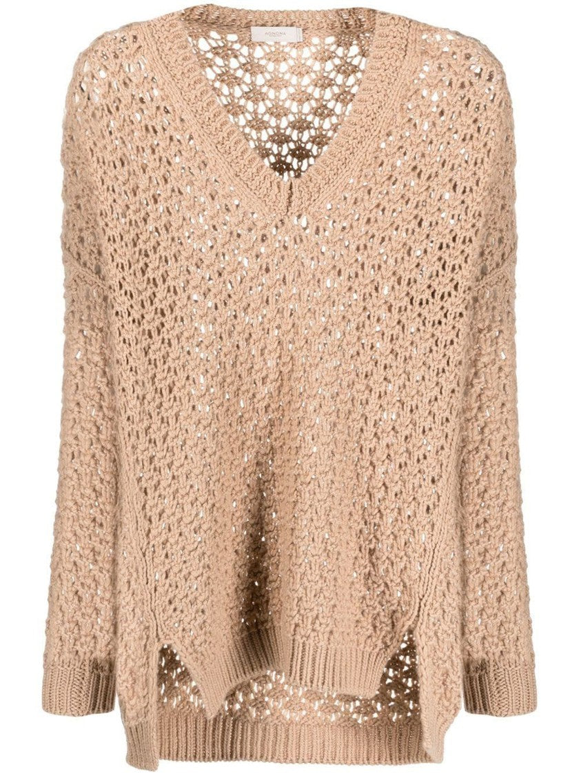 Agnona Beige Open-Knit Sweater With V-Neckline