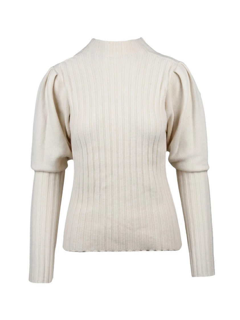Chloé Beige Ribbed Knit Sweater With Puff Sleeves And Textured Finish