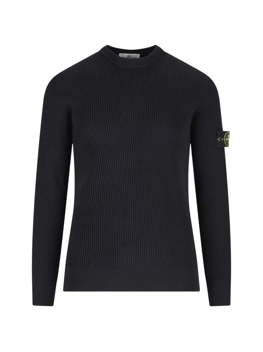Stone Island Navy Blue Virgin Wool Crew-Neck Sweater With Compass Badge