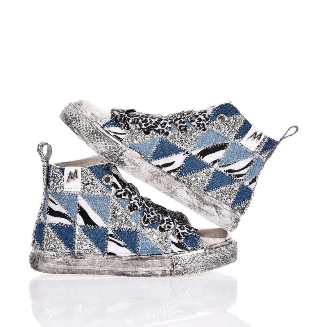 Mimanera Handmade Denim Patch High-Top Sneakers With Leopard Laces