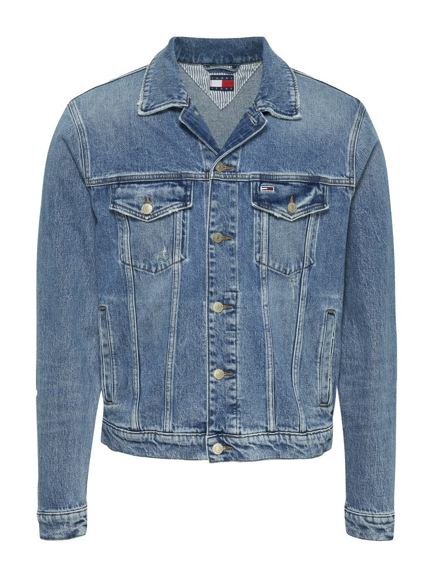 Tommy Jeans Distressed Denim Trucker Jacket With Chest Pockets