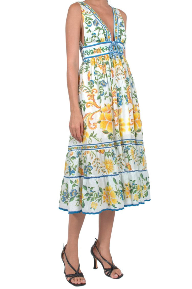Farm Rio Multicolor Lemon-Floral Plunge-Neck Cotton Midi Dress