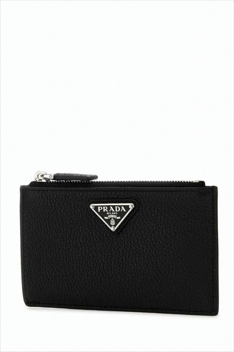 Prada Textured Calf Leather Card Wallet With Zippered Closure