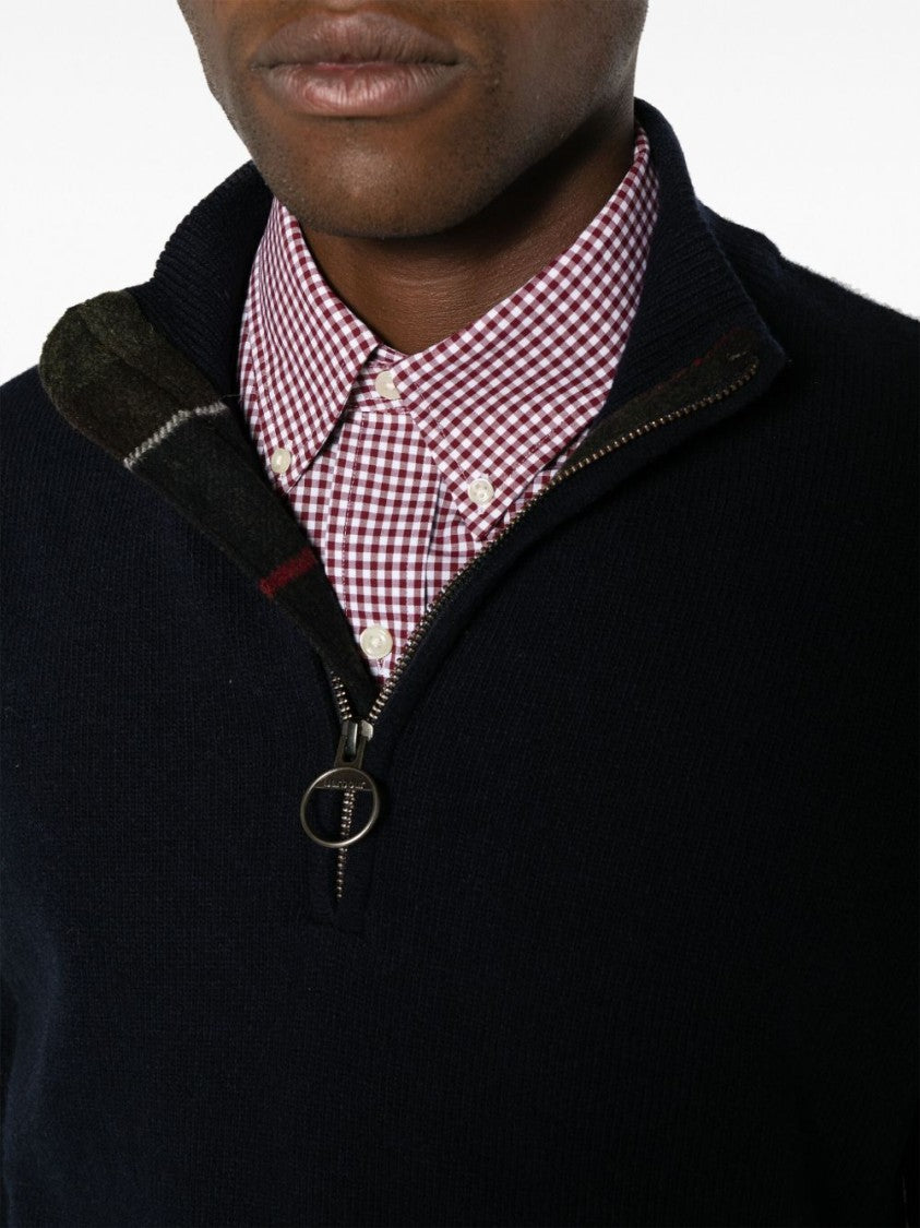 Barbour Ribbed Knit Half-Zip Sweater With Classic Funnel Neck And Elbow Patches
