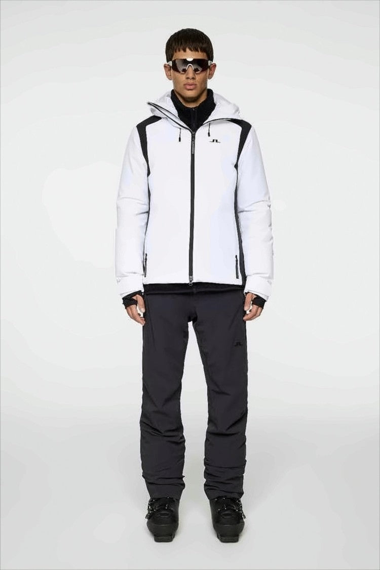 J Lindeberg Sleek White Jacket With Contrasting Black Panels And Adjustable Hood