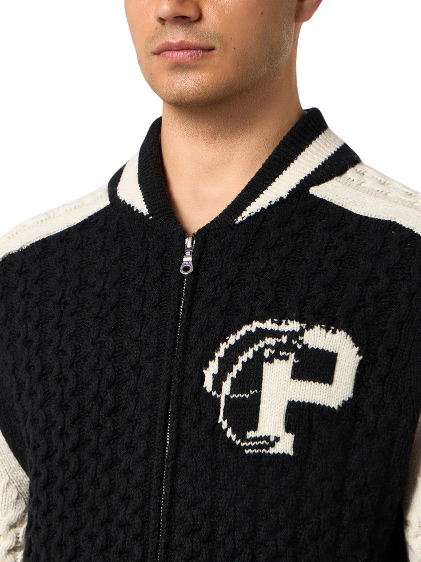 Philipp Plein Wool Blend Knitted Bomber Cable-Knit Wool-Blend Jacket