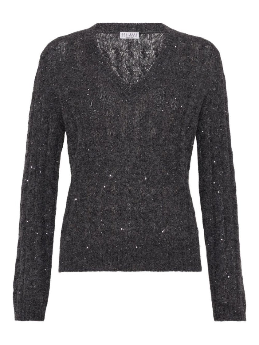 Brunello Cucinelli Textured Grey Knit Sweater With V-Neckline