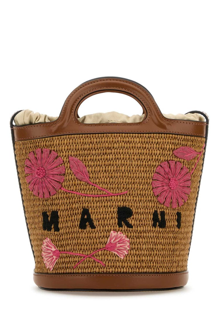 Marni Brown Raffia And Leather Tropicalia Bucket Bag