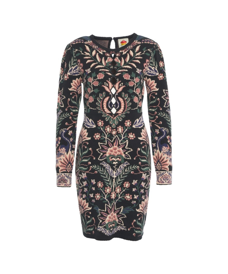 Farm Rio Mini Dress With Floral Motif And Keyhole Detail