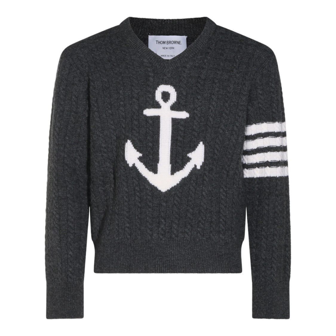 Thom Browne Textured Cable Knit Sweater With Nautical Anchor Motif
