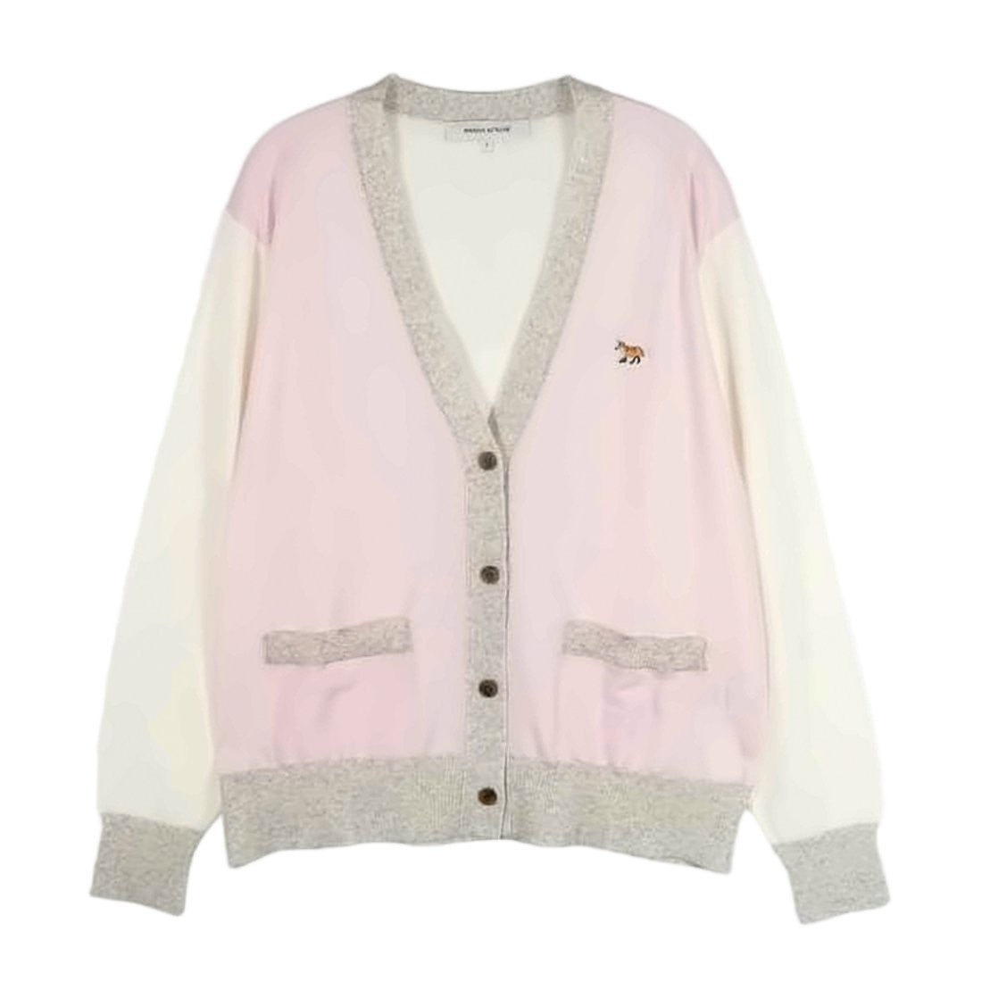 Maison Kitsuné Light Pink Cardigan With Contrasting Cream Sleeves And Embroidered Detail