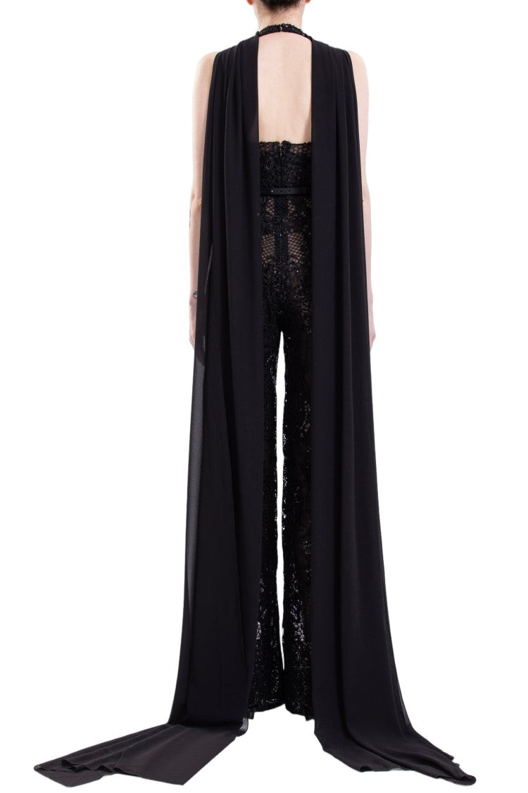 Saiid Kobeisy Intricate Embroidered Lace Jumpsuit With Flowing Cape