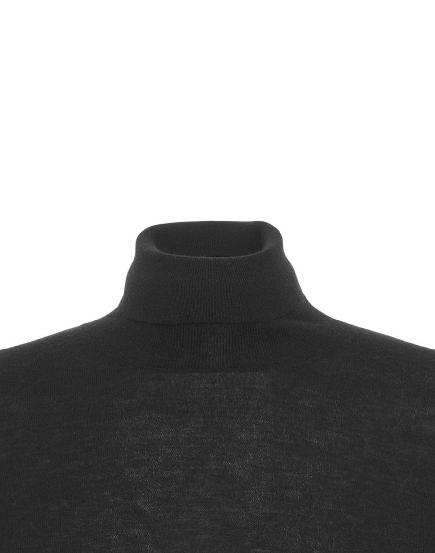 Gender Mock Neck Black Knit Sweater With Ribbed Details