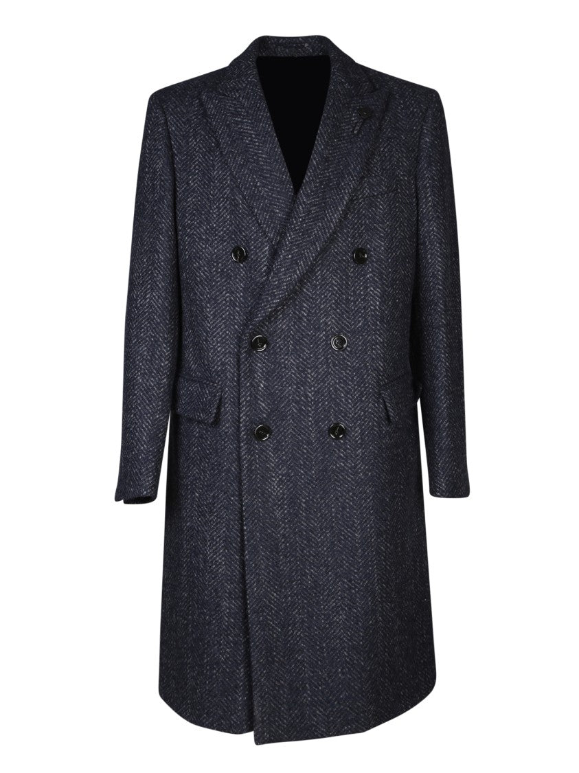 Lardini Double-Breasted Herringbone Trench Coat With Wool Blend