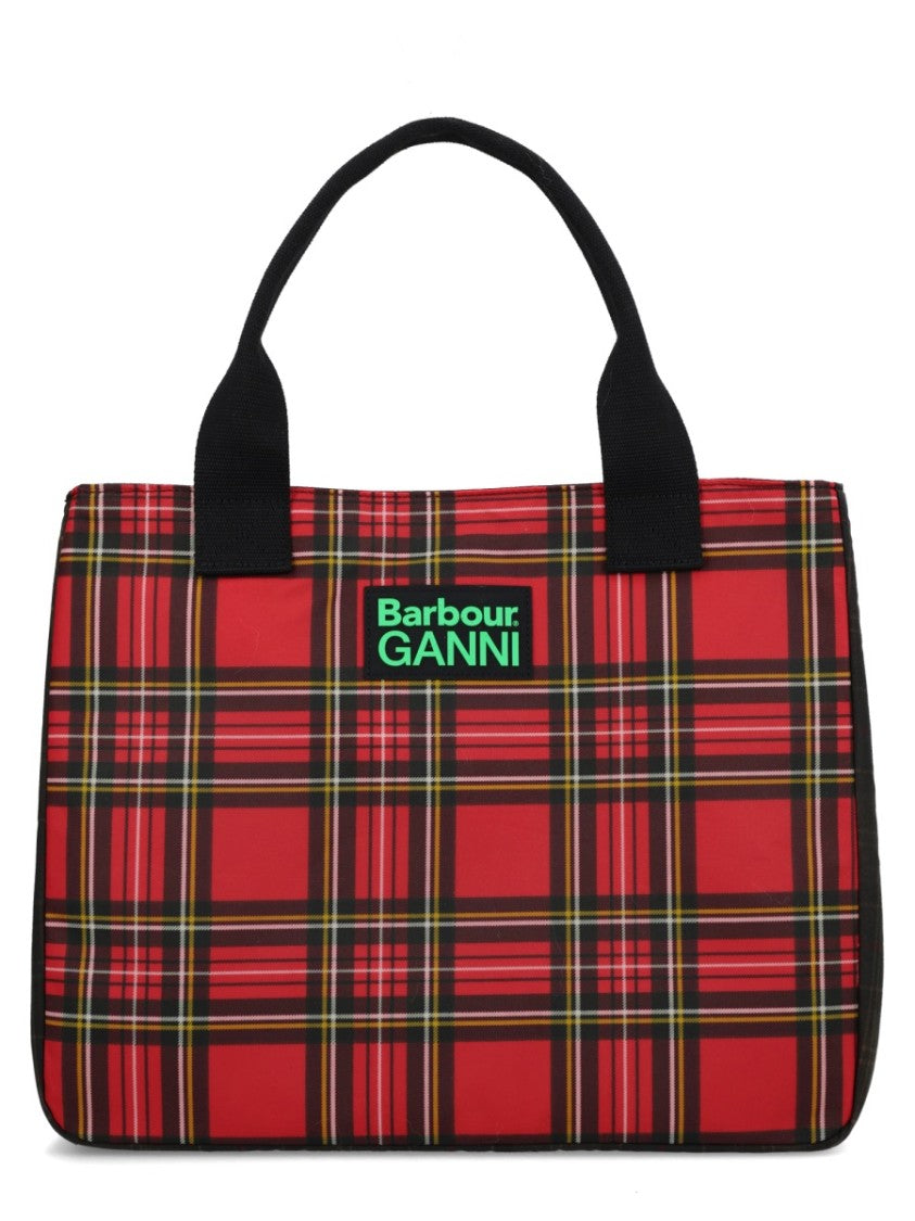 Barbour X Ganni Red Tartan Plaid Pattern Waxed Cotton Tote Bag