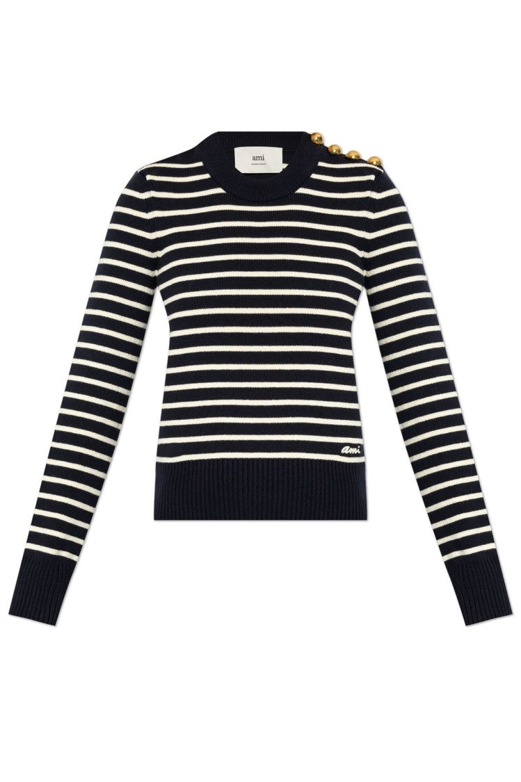 Ami Fitted Striped Sweater With Button Detail
