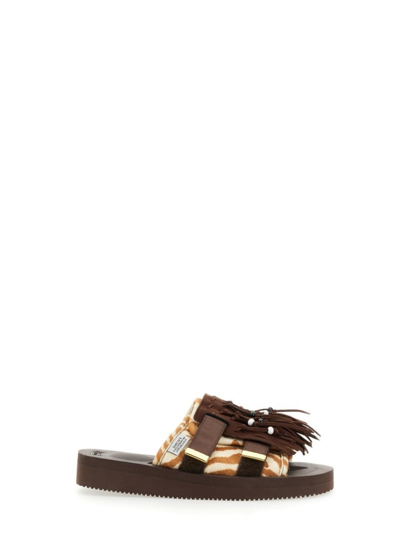 Suicoke Fringed Design Brown Leather Slippers