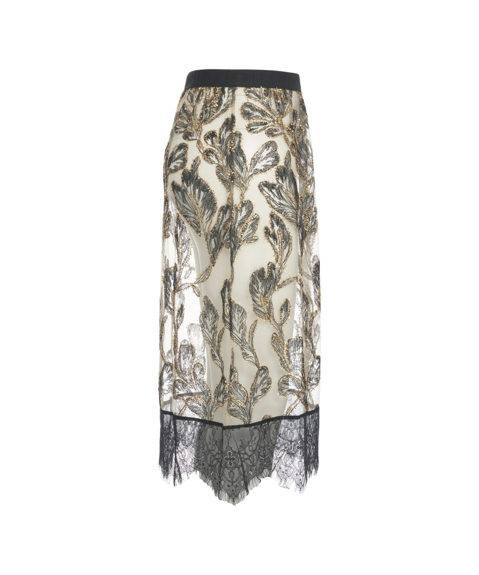 Munthe Embroidered Midi Skirt With Sheer Fabric And Lace Trim