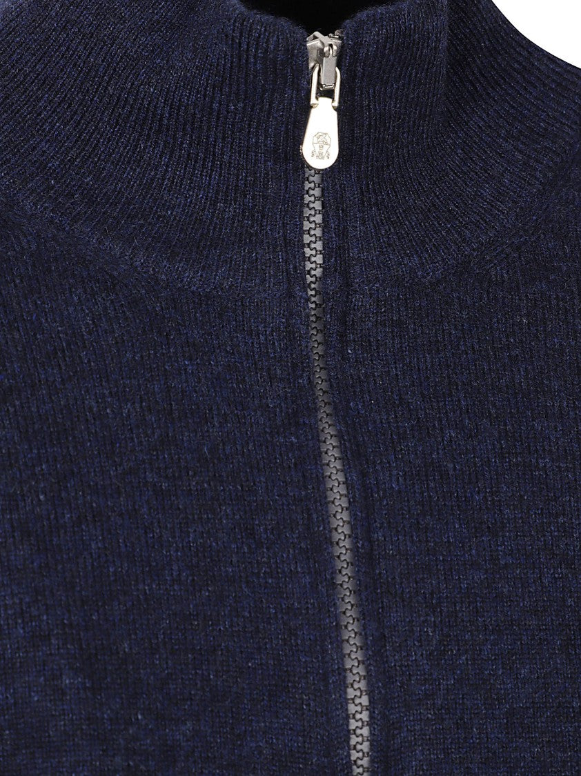 Brunello Cucinelli Deep Navy Cashmere Zip-Up Sweater With High Collar