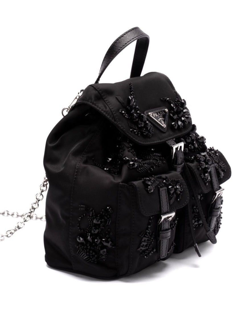 Prada Enamel Triangle-Logo Black Backpack With Front Buckle And Bead Embellishments