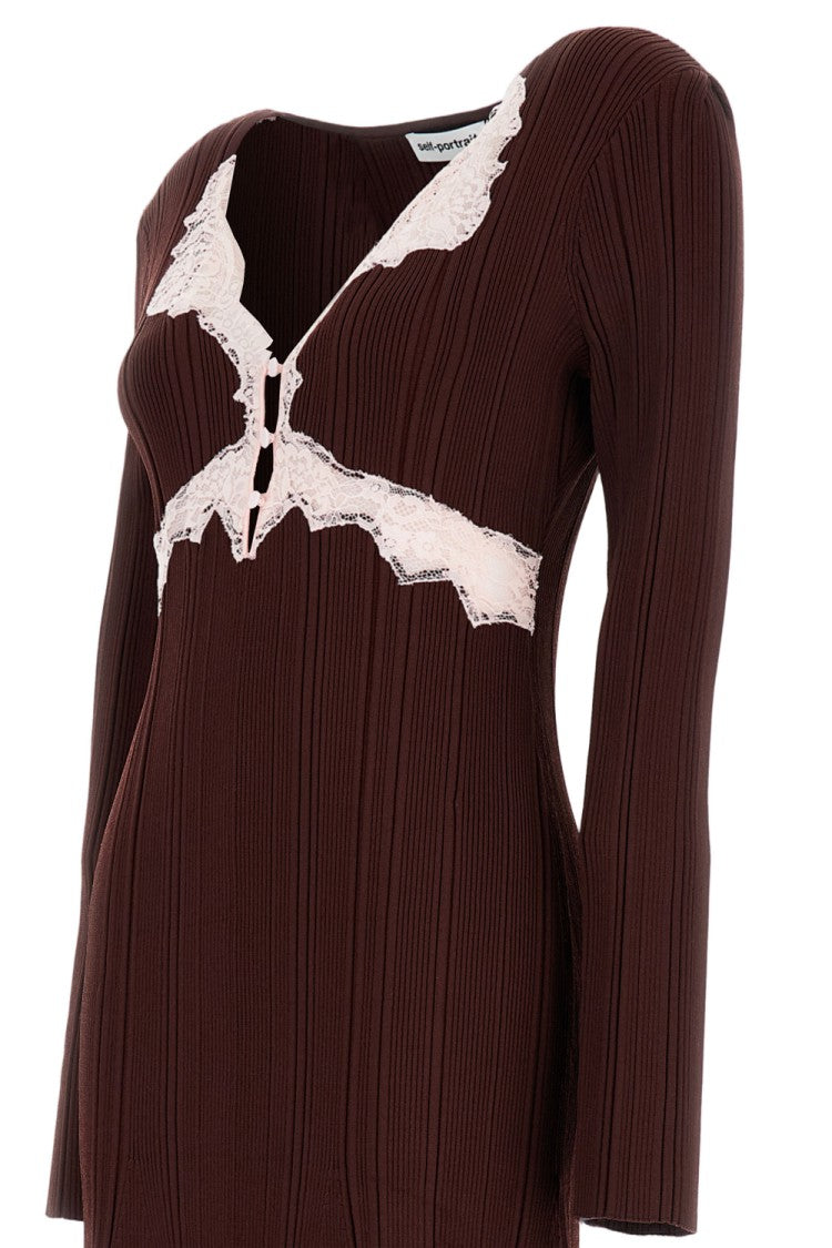 Self-Portrait Ribbed A-Line Lace-Detail Dress