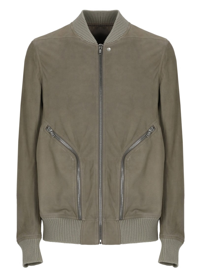 Rick Owens Grey Leather Bomber Jacket With Choker Collar And Ribbed Details