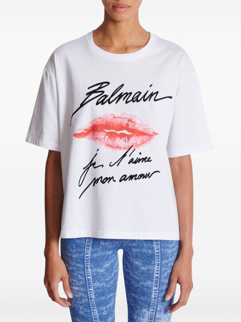 Balmain Kiss Print Oversized White T-Shirt With Script Logo