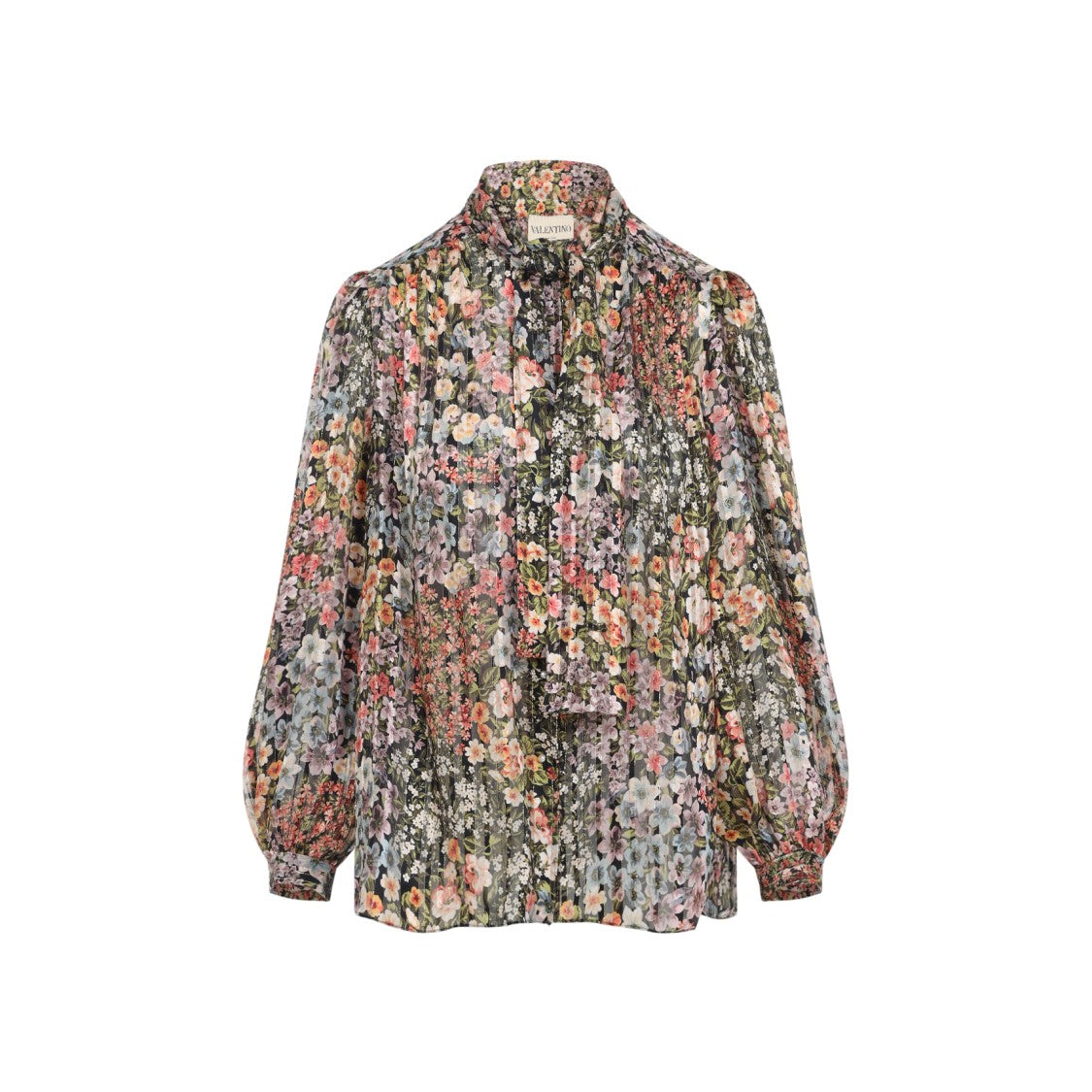 Valentino Multicolor Floral Silk Blouse With High Neckline And Voluminous Sleeves
