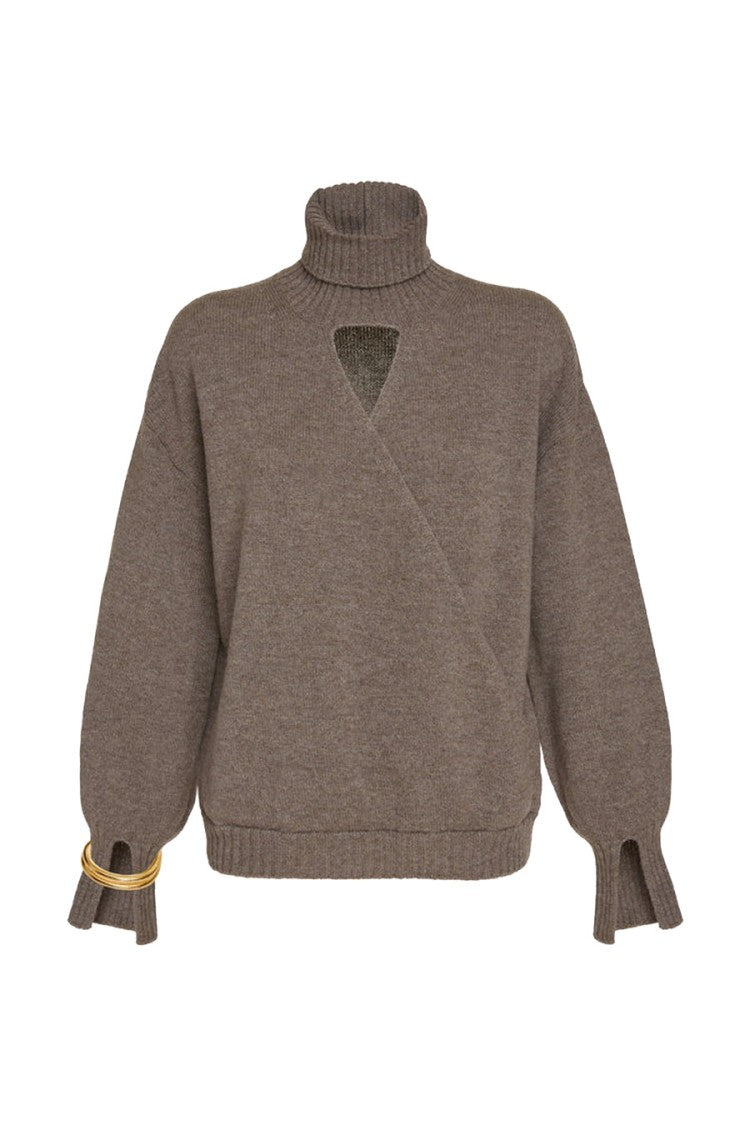 Simona Corsellini Taupe Wool Cutout Turtleneck Sweater