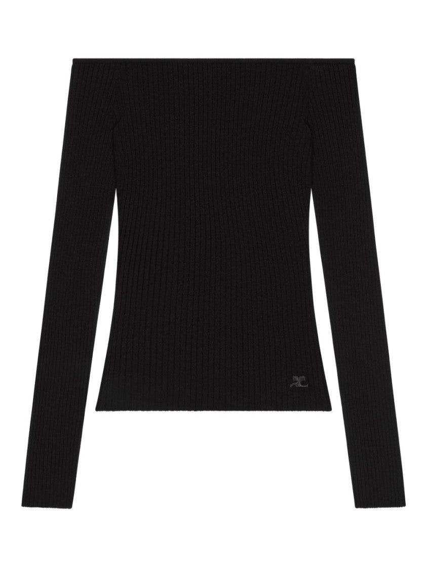 Courrèges Off-Shoulder Ribbed Knit Top With Embroidered Logo