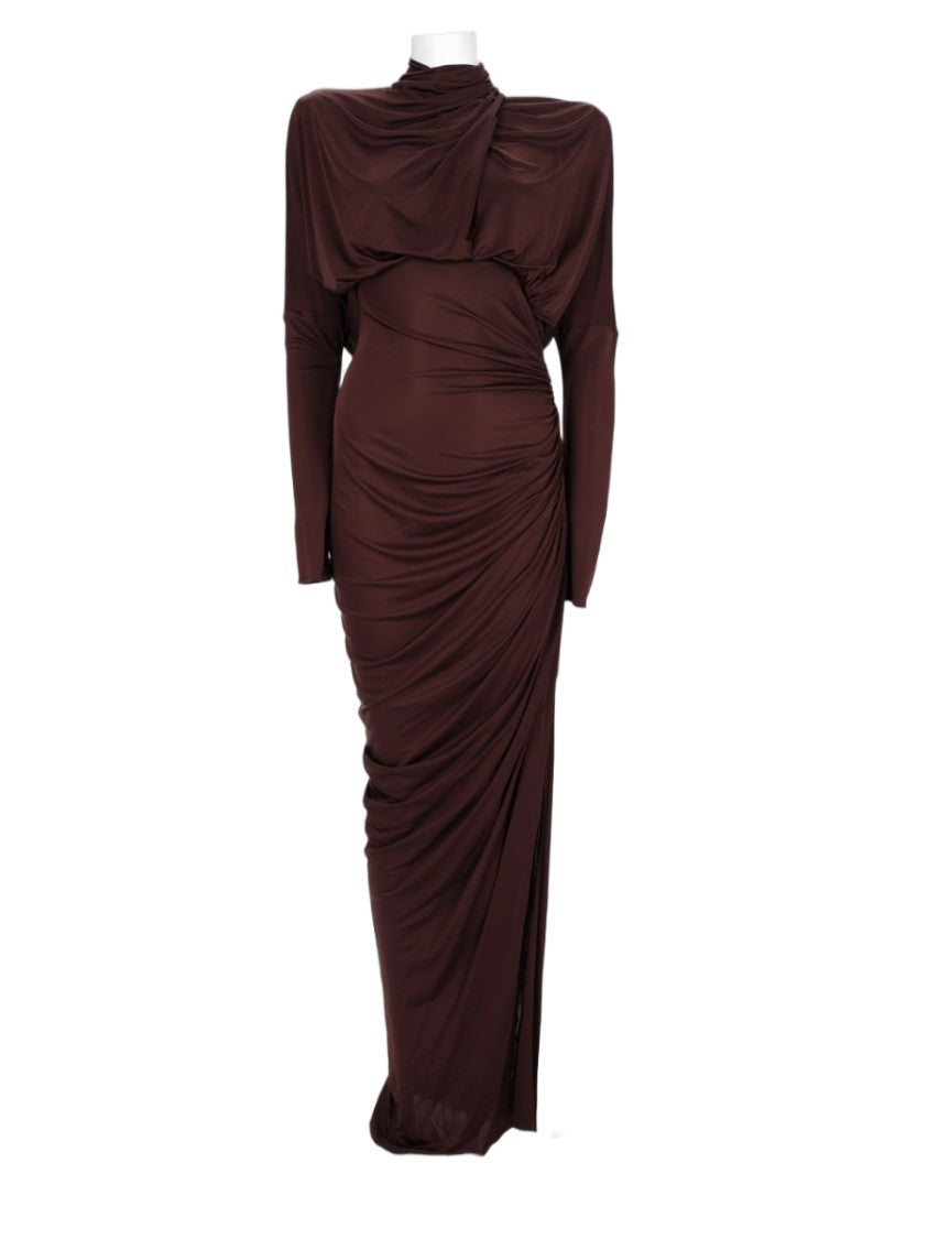 Balmain Brown Draped Open-Back Long Evening Dress
