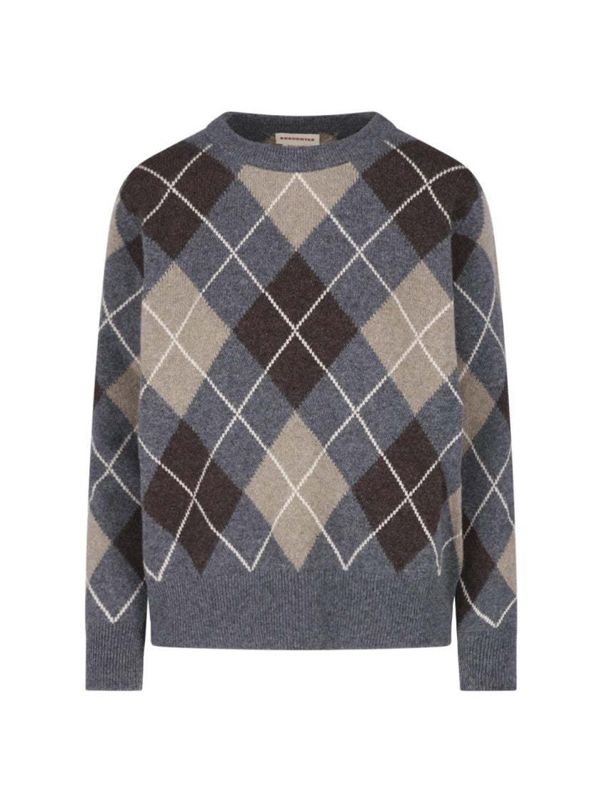 &Daughter Multicolor Argyle Pattern Knit Sweater With Classic Crew Neckline