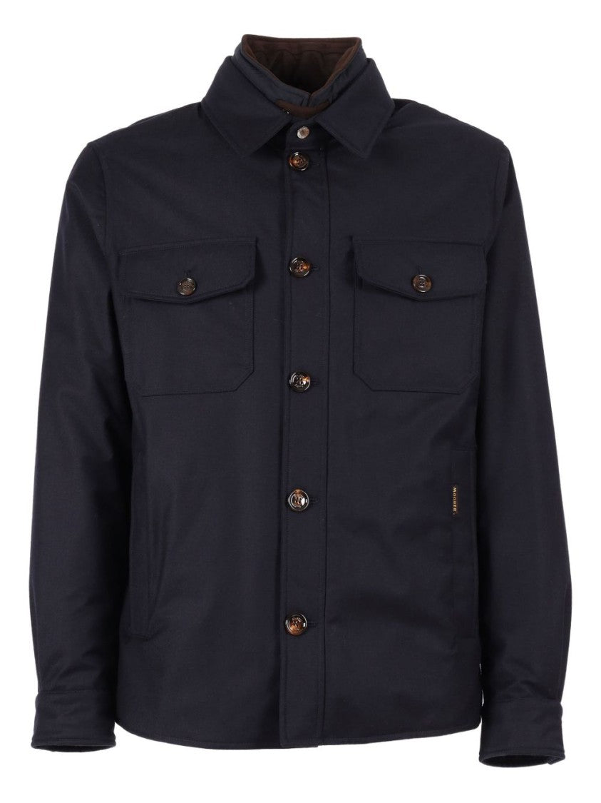 Moorer Navy Blue Wool-Blend Jacket With Flap Patch Pockets