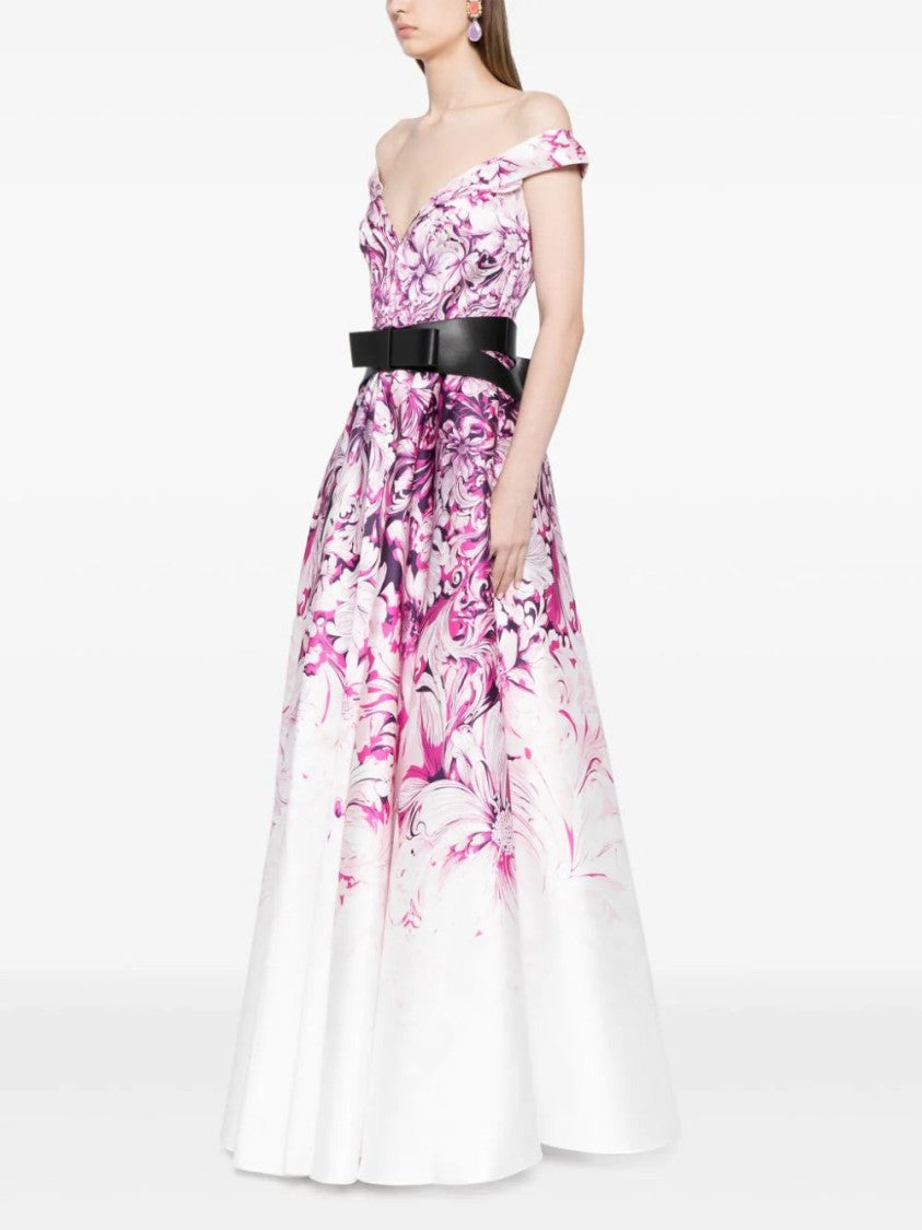 Saiid Kobeisy Mikado Printed Dress With Off-Shoulder Sleeves