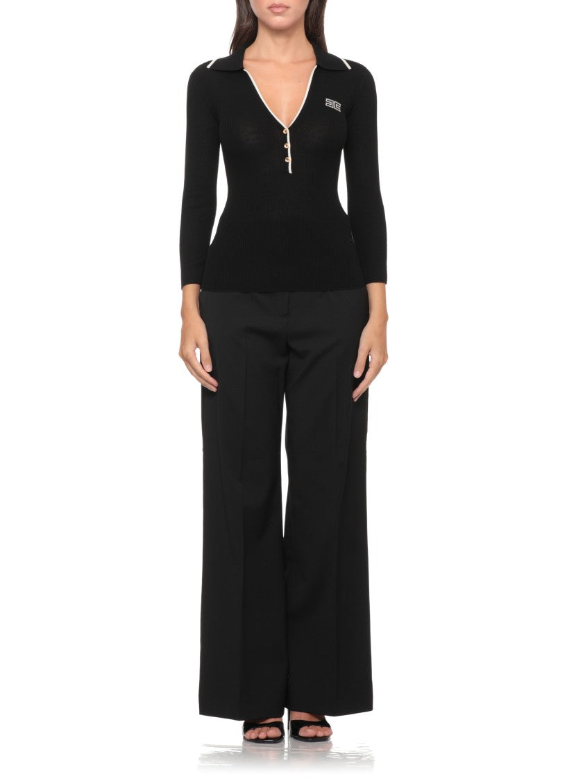 Elisabetta Franchi Ribbed Wool Sweater With Profile Collar And Gold Accents