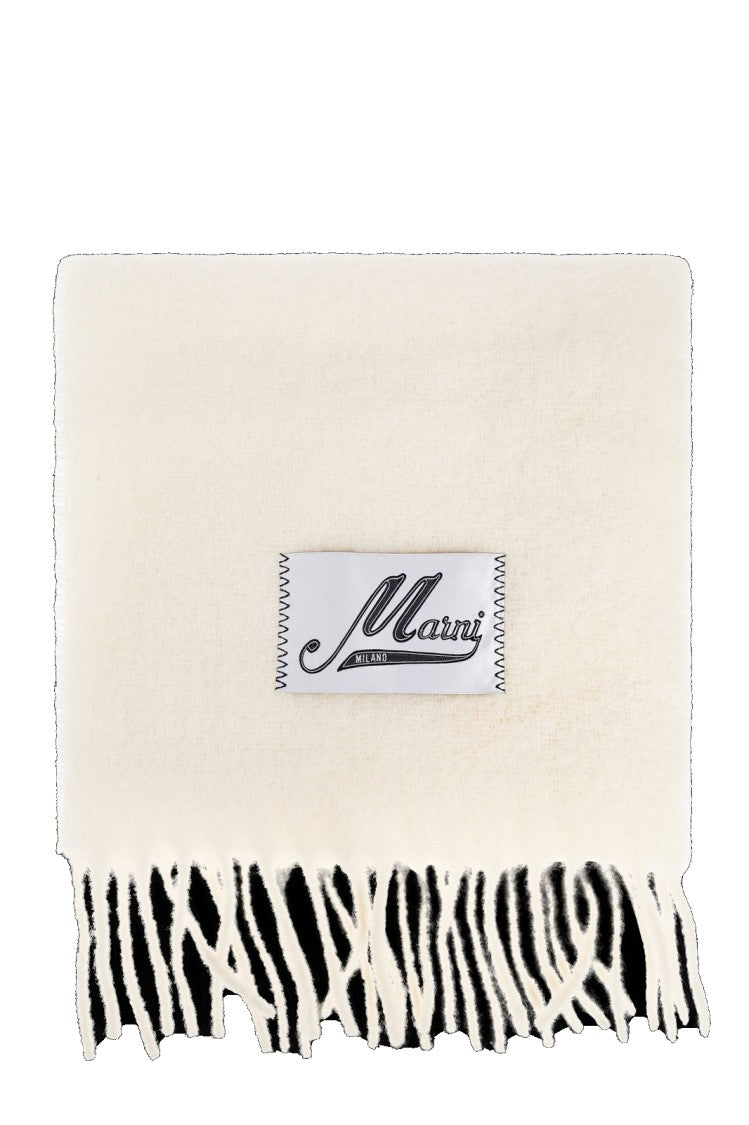 Marni Rectangular Creamy Off-White Scarf With Fringed Edges