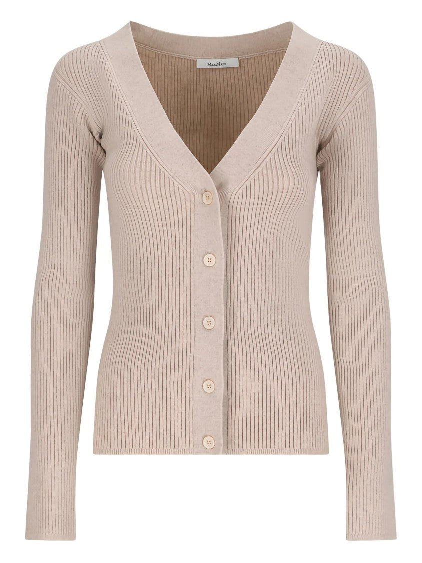 Max Mara Beige Gioiosa Ribbed Knit Button Cardigan