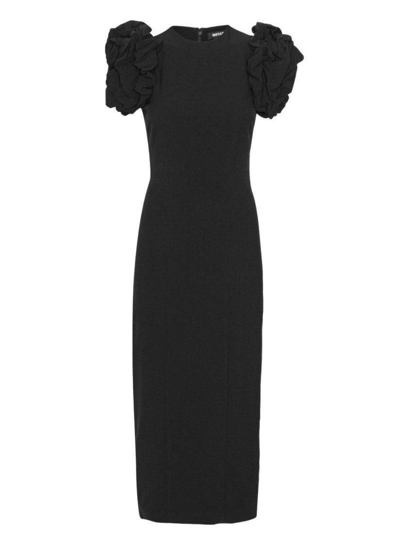 Rotate Fitted Midi Dress With Voluminous Ruffled Sleeves
