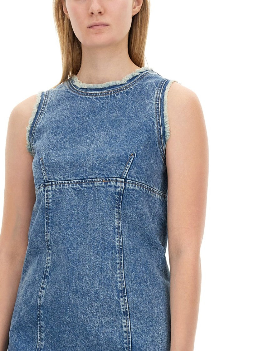 Moschino Sleeveless Fitted Denim Dress With Frayed Hem