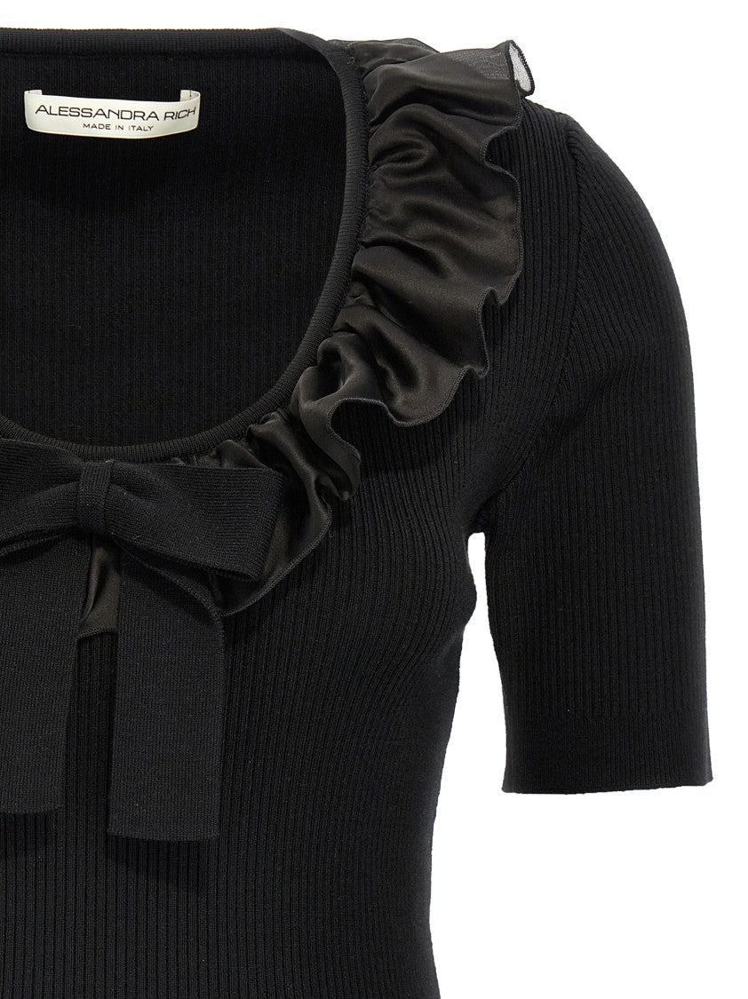 Alessandra Rich Ruffled Round Neck T-Shirt With Maxi Bow Detail