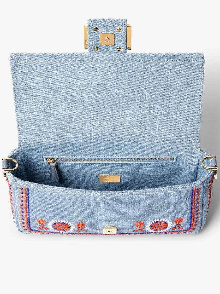 Fendi Rectangular Denim Baguette Bag With Floral Embroidery And Gold Accents