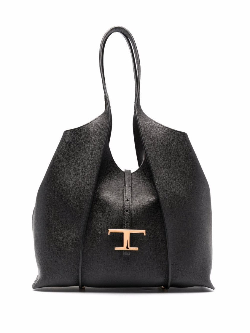 Tod's Spacious Black Calfskin Shopper Bag With Signature T-Clasp