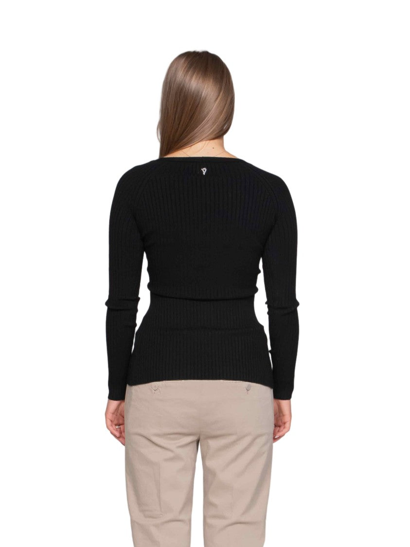 Dondup Fitted Black Top With Deep V-Neckline And Curved Hemline