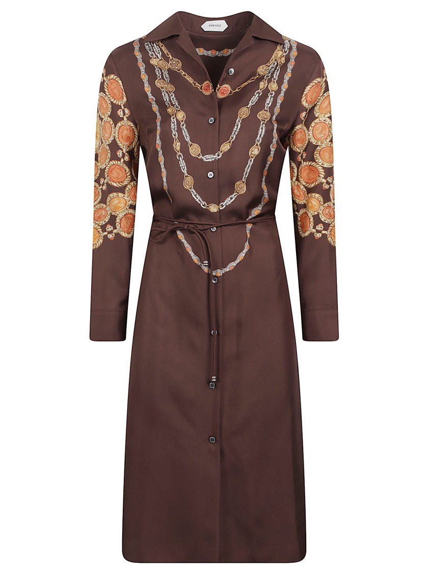 versace chain design dress Printed Silk Twill Mini Shirt Dress, Female, Brown+print, 40 Plunge neck Long sleeves YGroup_sc15426z Loved the mix and Size:2X-Large 90s versace dress gold chains