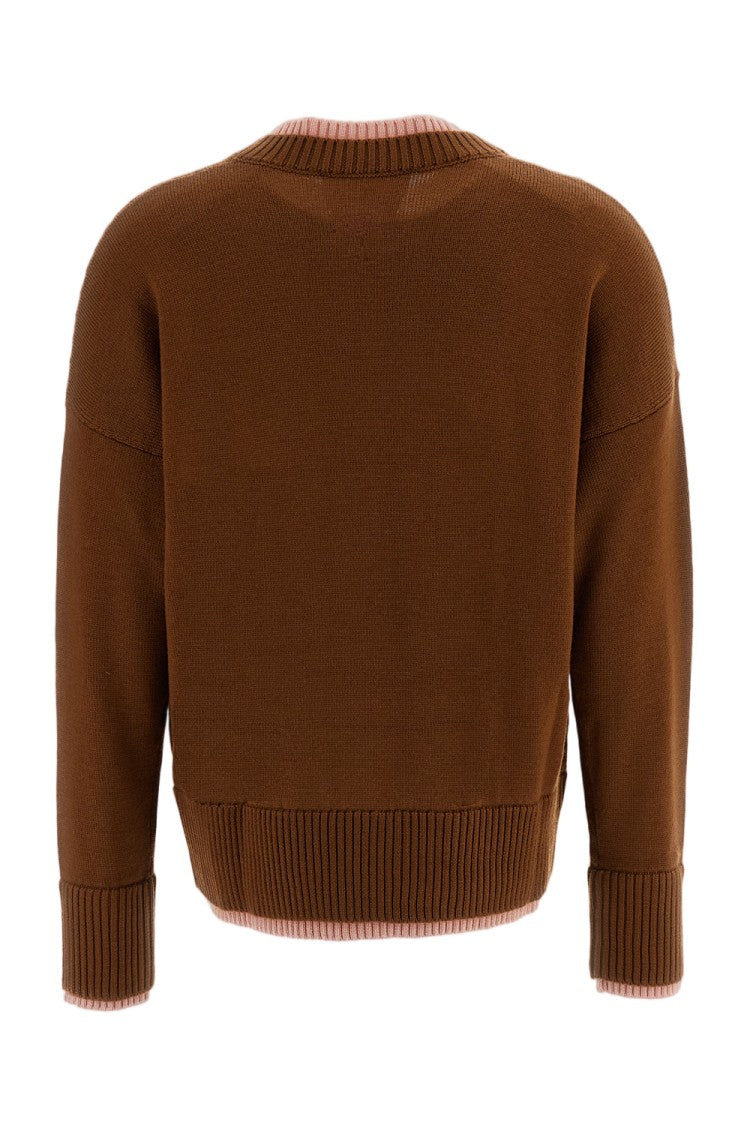 Plan C Brown Pink Merino Wool Double-Layer Crewneck Sweater