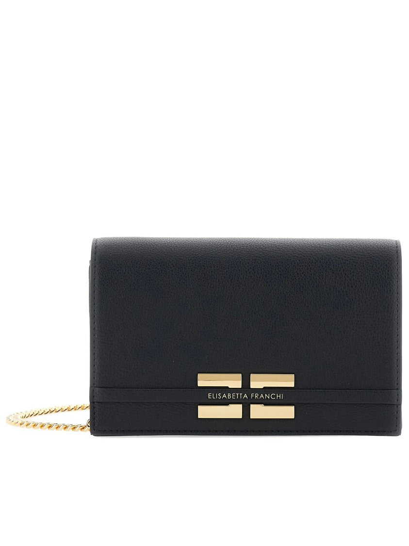 Elisabetta Franchi Rectangular Black Smooth Gold Plaque Clutch