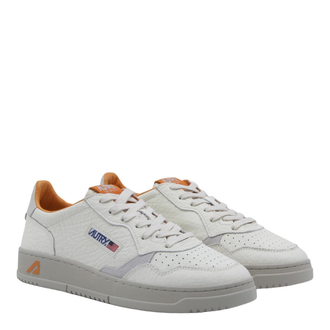 Autry Textured White Leather Sneakers With Orange Accents