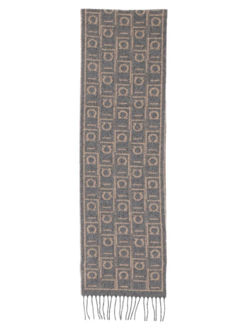 Ferragamo Grey Reversible Geometric Fringed Cashmere Wool Scarf